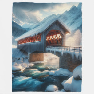 Winter, snow covered bridge & river fleece blanket