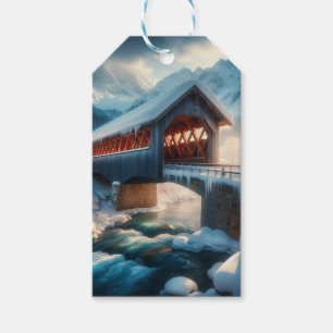 Winter, snow covered bridge & river gift tags