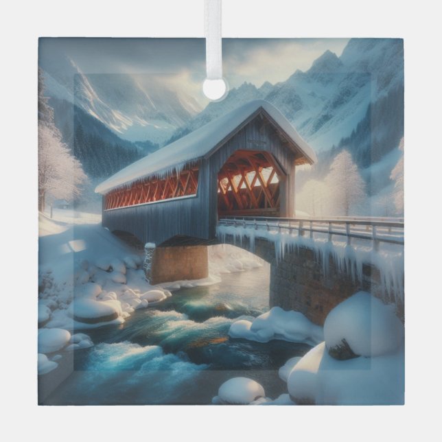Winter, snow covered bridge & river glass tree decoration (Front)