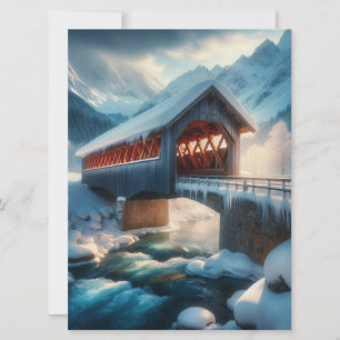 Winter, snow covered bridge & river holiday card
