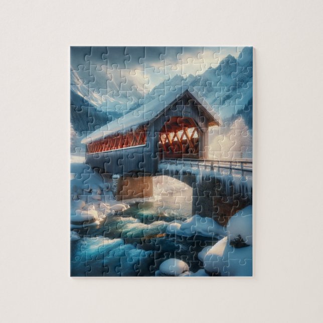 Winter, snow covered bridge & river jigsaw puzzle (Vertical)