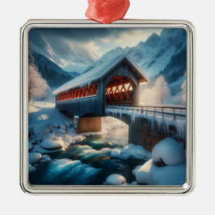 Winter, snow covered bridge & river metal ornament