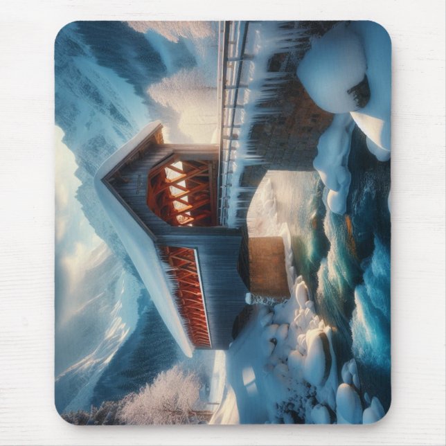 Winter, snow covered bridge & river mouse pad (Front)