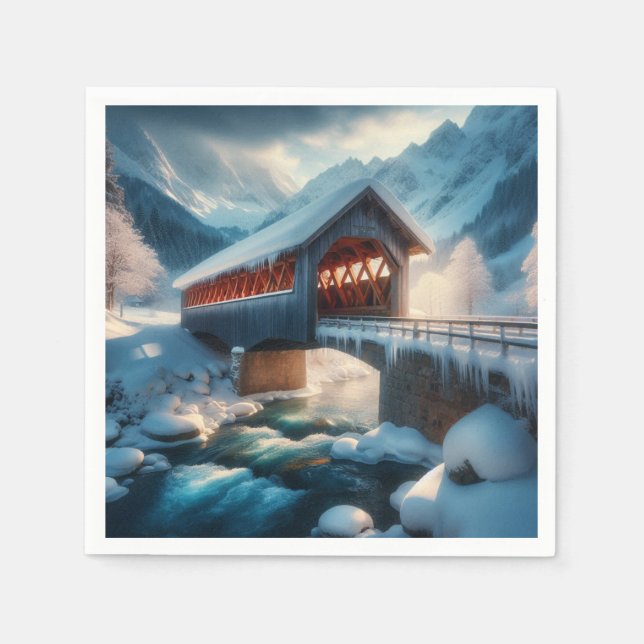 Winter, snow covered bridge & river napkin (Front)
