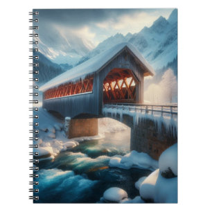 Winter, snow covered bridge & river notebook