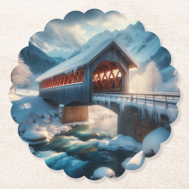 Winter, snow covered bridge & river paper coaster (Front)