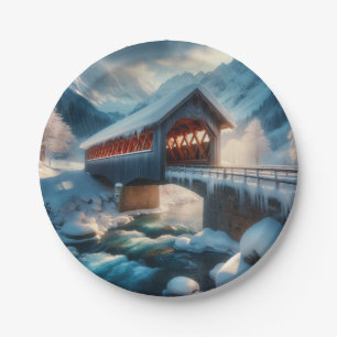 Winter, snow covered bridge & river paper plate