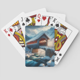 Winter, snow covered bridge & river playing cards