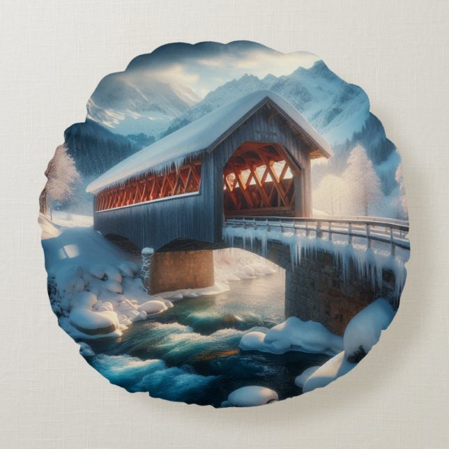 Winter, snow covered bridge & river round cushion (Front)