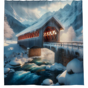 Winter, snow covered bridge & river shower curtain