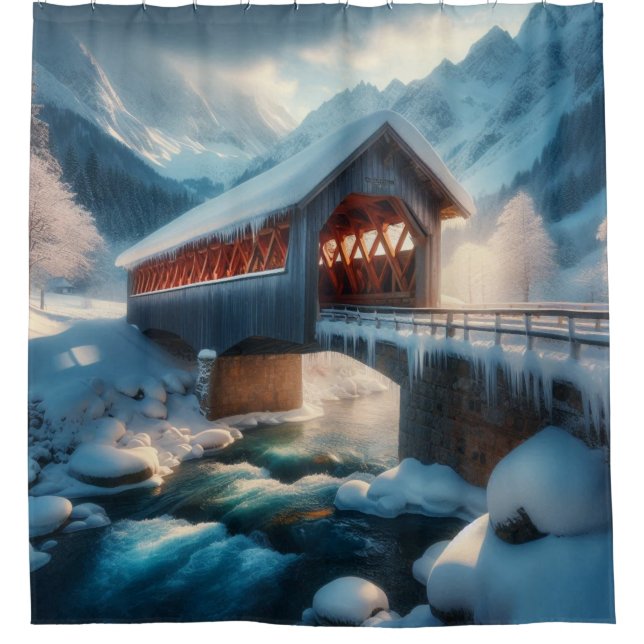 Winter, snow covered bridge & river shower curtain (Front)