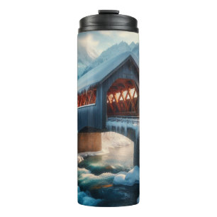 Winter, snow covered bridge & river thermal tumbler