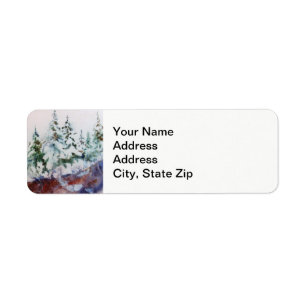 Winter snow covered pines, pink sunrise landscape. return address label
