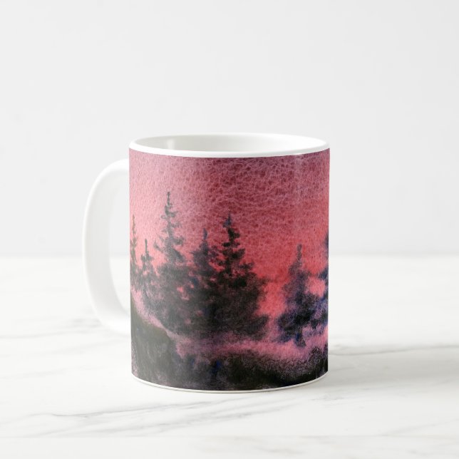 Winter snow covered pines red sunset deep winter coffee mug (Front Left)