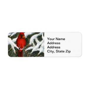 Winter snow covered trees cardinal red bird return address label