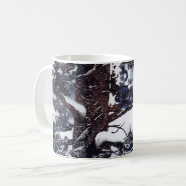 Winter snow covered winter dark pine trees mug (Front Left)