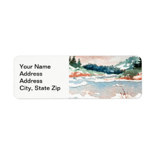 Winter snow covered winter dark pine trees pond. return address label