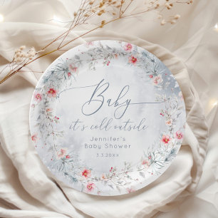 Winter snow dusty blue wreath baby shower paper plate