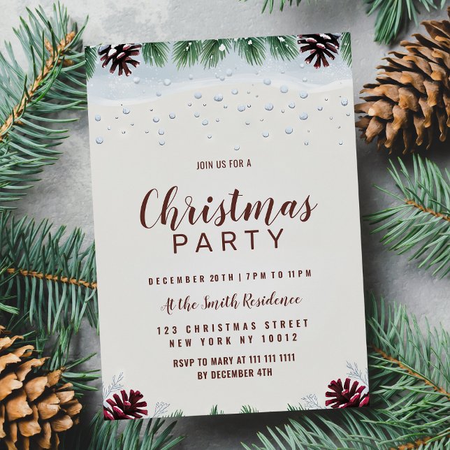 Winter snow fall brown pine cones Christmas Party  Invitation (Winter snow fall brown pine cones Christmas Party)