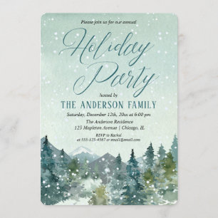 Winter snow fall mountains rustic holiday party invitation
