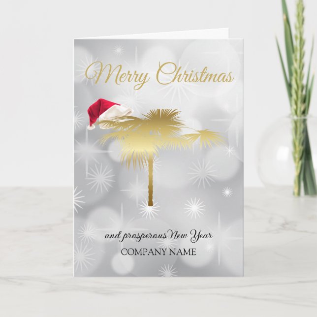Winter snow festive golden palm tree, Santa's cap Holiday Card (Front)