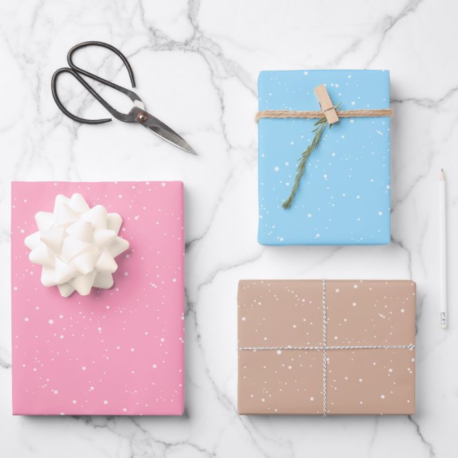 Winter Snow Flakes on Pink, Blue and Brown Wrapping Paper Sheet (Front)
