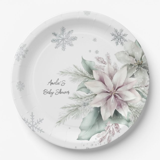 Winter Snow Floral Baby Shower Paper Plate (Front)