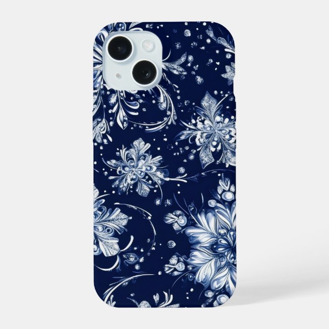 Winter Snow Flower Pattern iPhone 15 Case (Back)