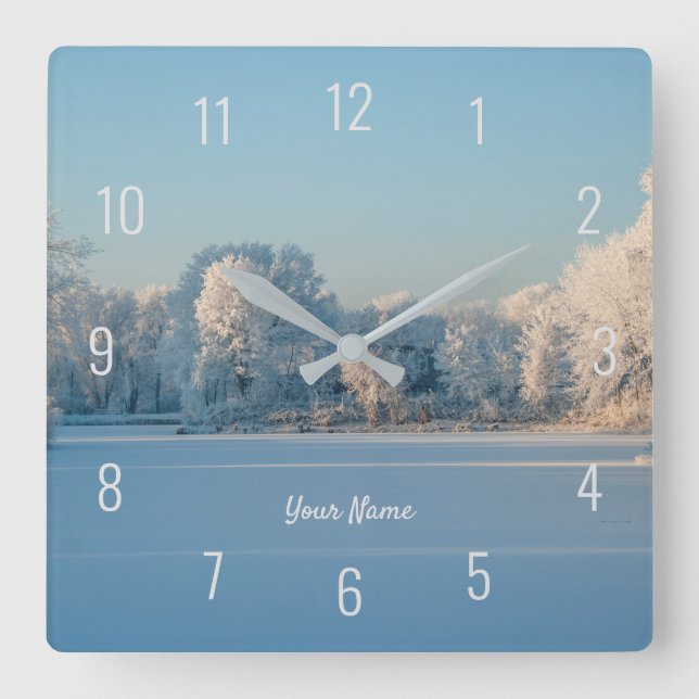 Winter Snow Frozen Lake Trees Landscape Panorama Square Wall Clock (Front)