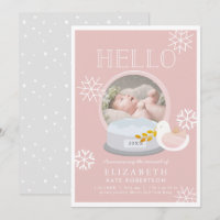 Winter Snow Globe Pink Girl Birth Announcement