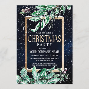 Winter Snow Gold Navy Leaf Corporate Christmas Invitation