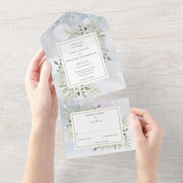 Winter Snow Greenery Monogram Wedding All In One Invitation (Tearaway)