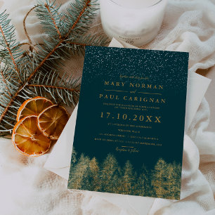 Winter snow greenpine forest blue wedding invitation