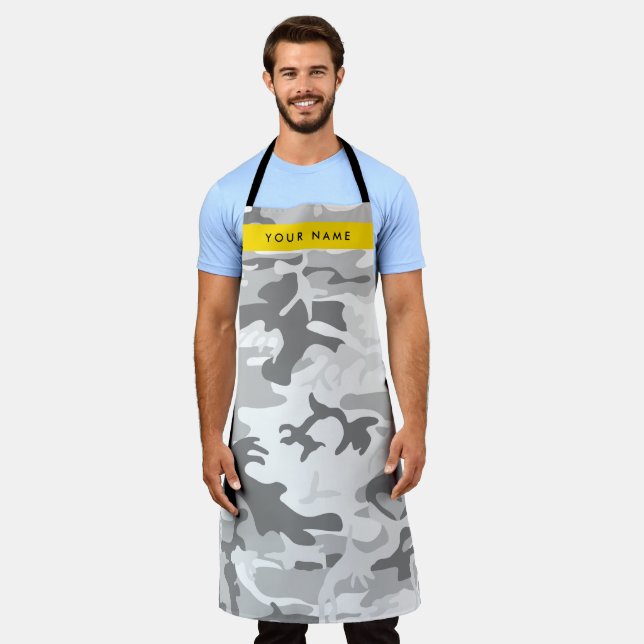 Winter Snow Grey Camouflage Your name Personalise Apron (Worn)