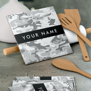 Winter Snow Grey Camouflage Your name Personalise Ceramic Tile