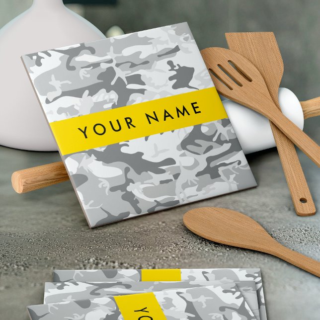 Winter Snow Grey Camouflage Your name Personalise Ceramic Tile (Creator Uploaded)