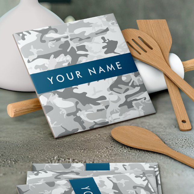 Winter Snow Grey Camouflage Your name Personalise Ceramic Tile (Creator Uploaded)