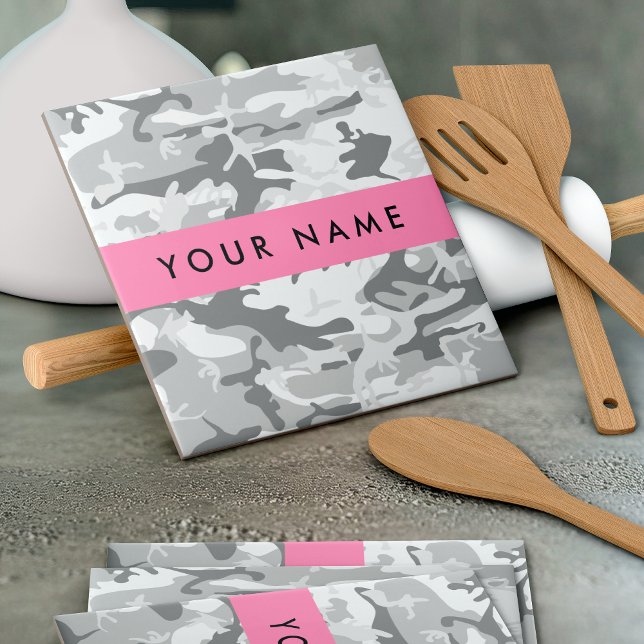 Winter Snow Grey Camouflage Your name Personalise Ceramic Tile (Creator Uploaded)