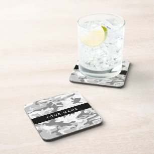 Winter Snow Grey Camouflage Your name Personalise Coaster