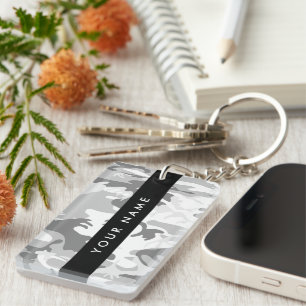 Winter Snow Grey Camouflage Your name Personalise Key Ring