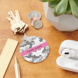 Winter Snow Grey Camouflage Your name Personalise Key Ring