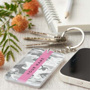 Winter Snow Grey Camouflage Your name Personalise Key Ring