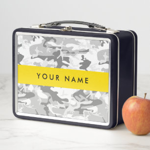 Winter Snow Grey Camouflage Your name Personalise Metal Lunch Box