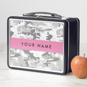 Winter Snow Grey Camouflage Your name Personalise Metal Lunch Box