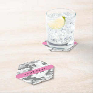 Winter Snow Grey Camouflage Your name Personalise Paper Coaster