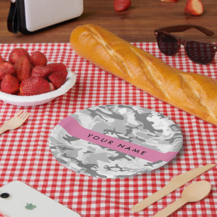 Winter Snow Grey Camouflage Your name Personalise Paper Plate