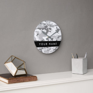 Winter Snow Grey Camouflage Your name Personalise Round Clock