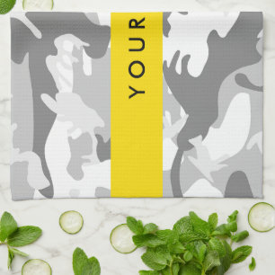 Winter Snow Grey Camouflage Your name Personalise Tea Towel