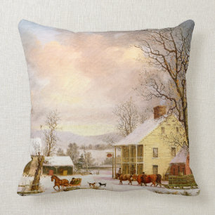 Winter Snow Horse Sleigh Ride Store Throw Pillow