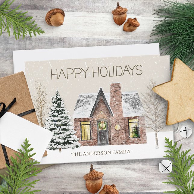 Winter Snow House Pine Tree Happy Holidays  Holiday Card (Creator Uploaded)